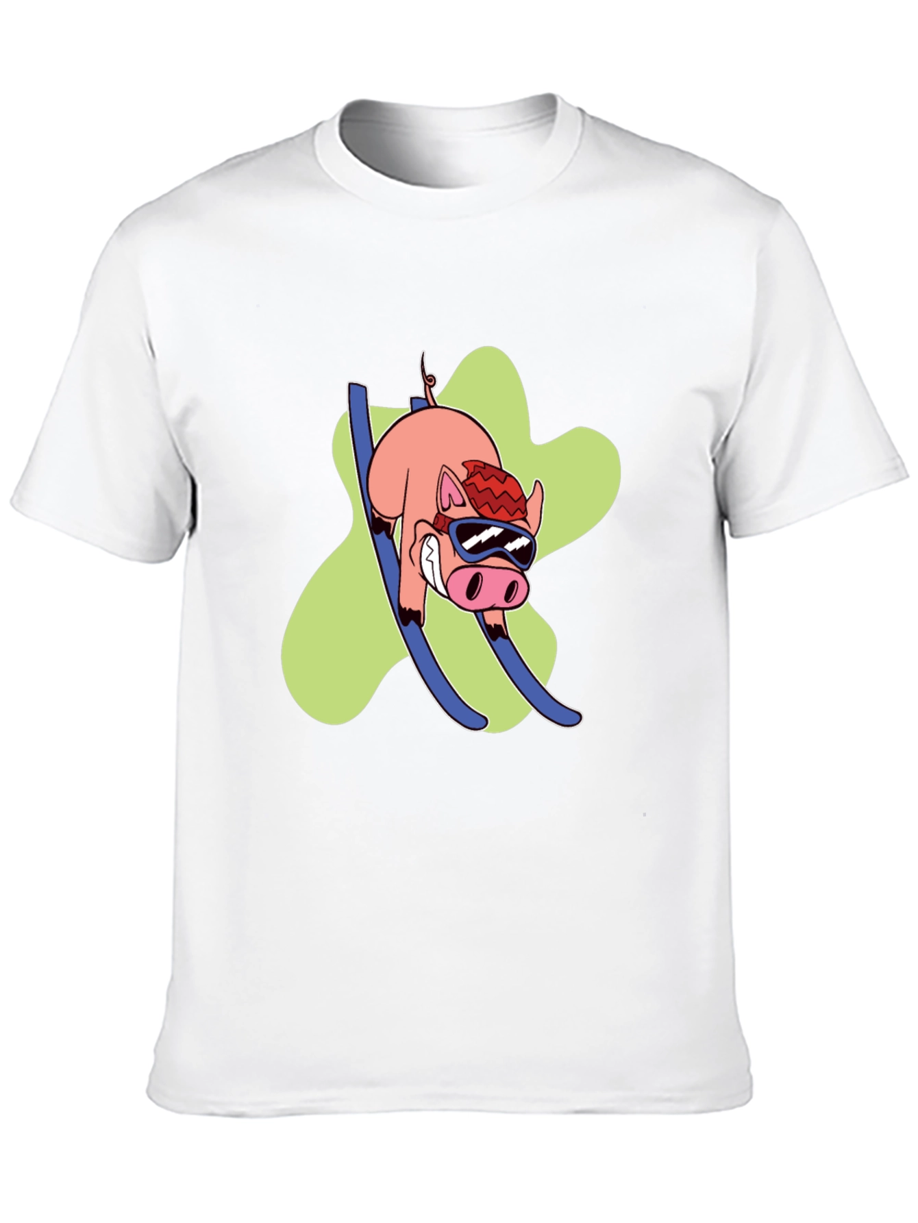 Skiing Pig Graphic Tee - Black Crew Neck T-Shirt