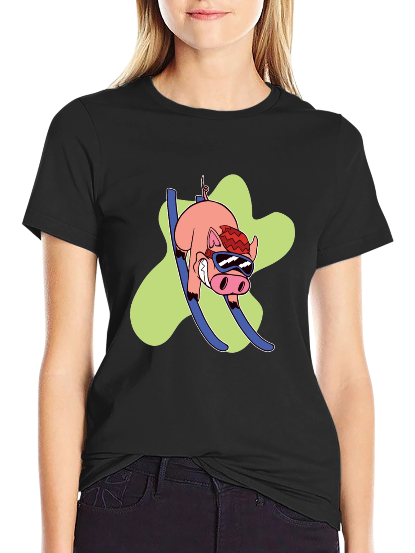 Skiing Pig Graphic Tee - Black Crew Neck T-Shirt