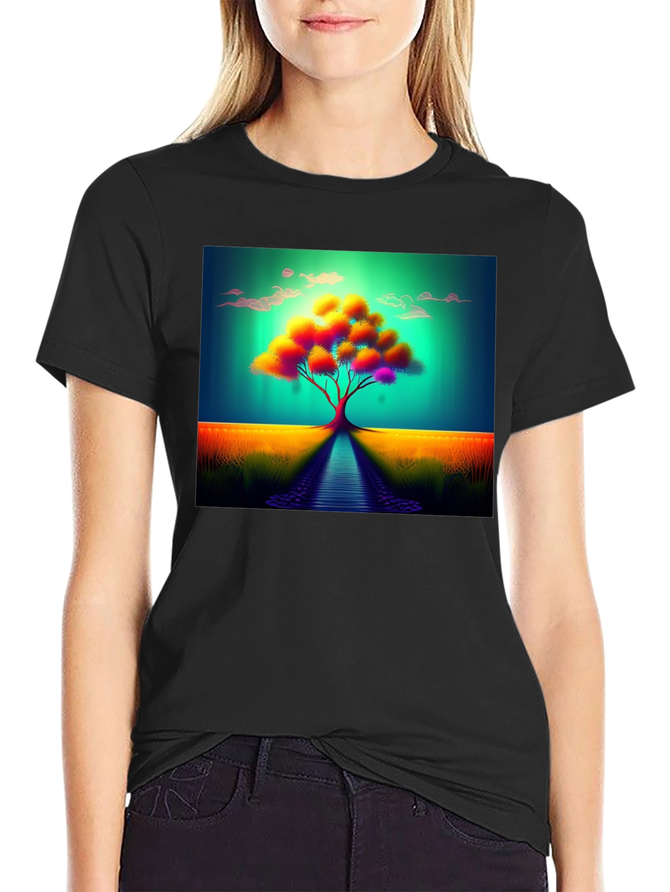 Vibrant Tree Graphic Tee - Artistic Mens Black T-Shirt