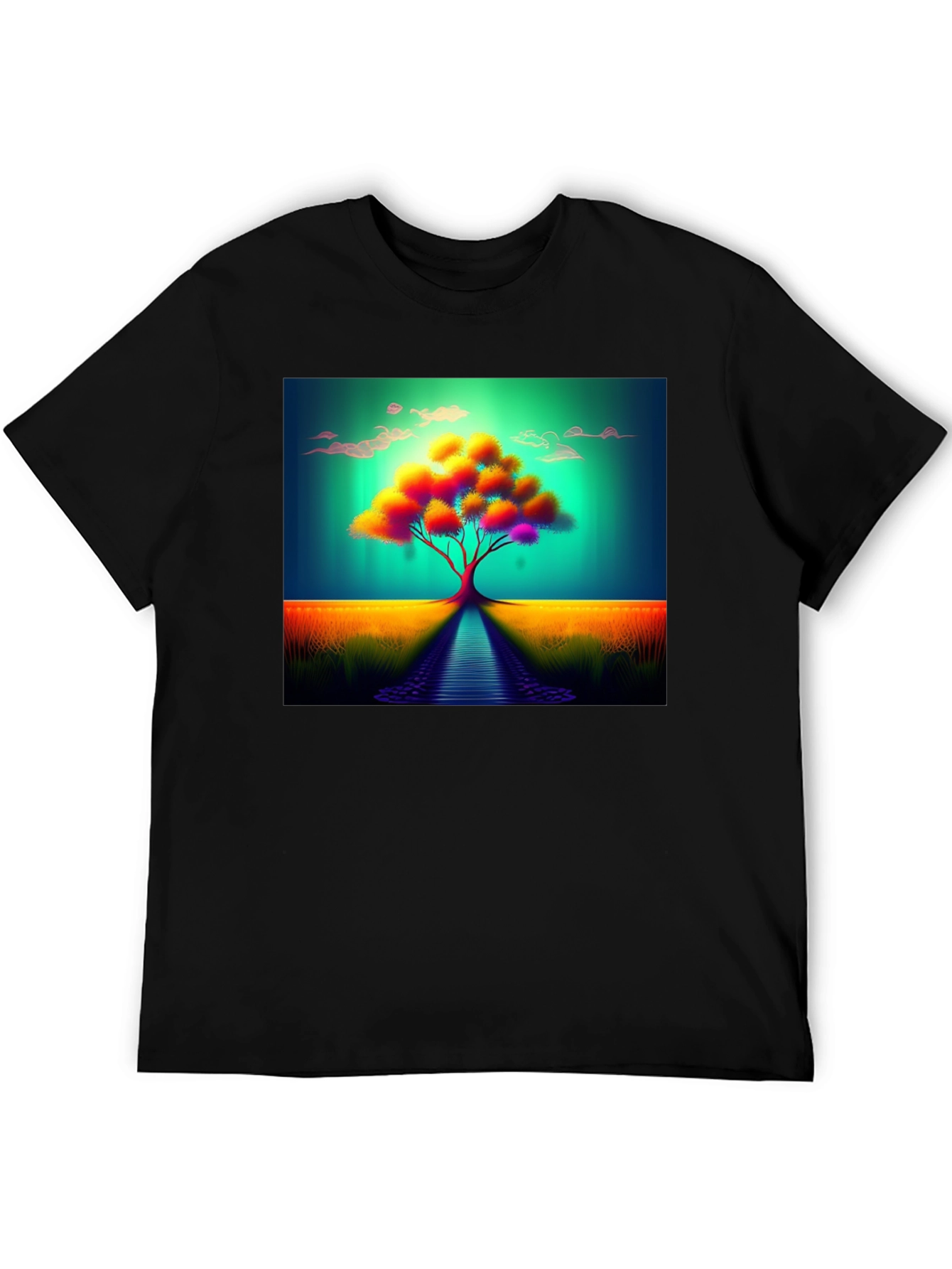 Vibrant Tree Graphic Tee - Artistic Mens Black T-Shirt