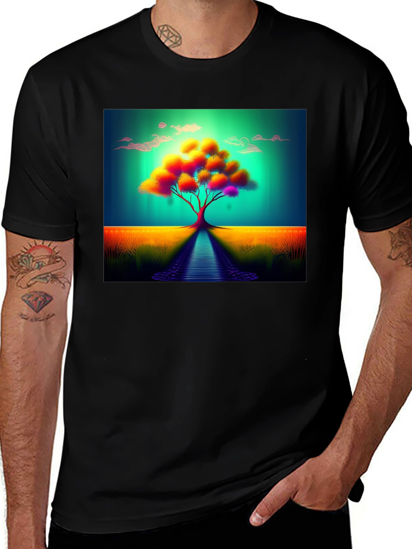 Vibrant Tree Graphic Tee - Artistic Mens Black T-Shirt