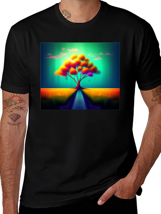 Vibrant Tree Graphic Tee - Artistic Mens Black T-Shirt