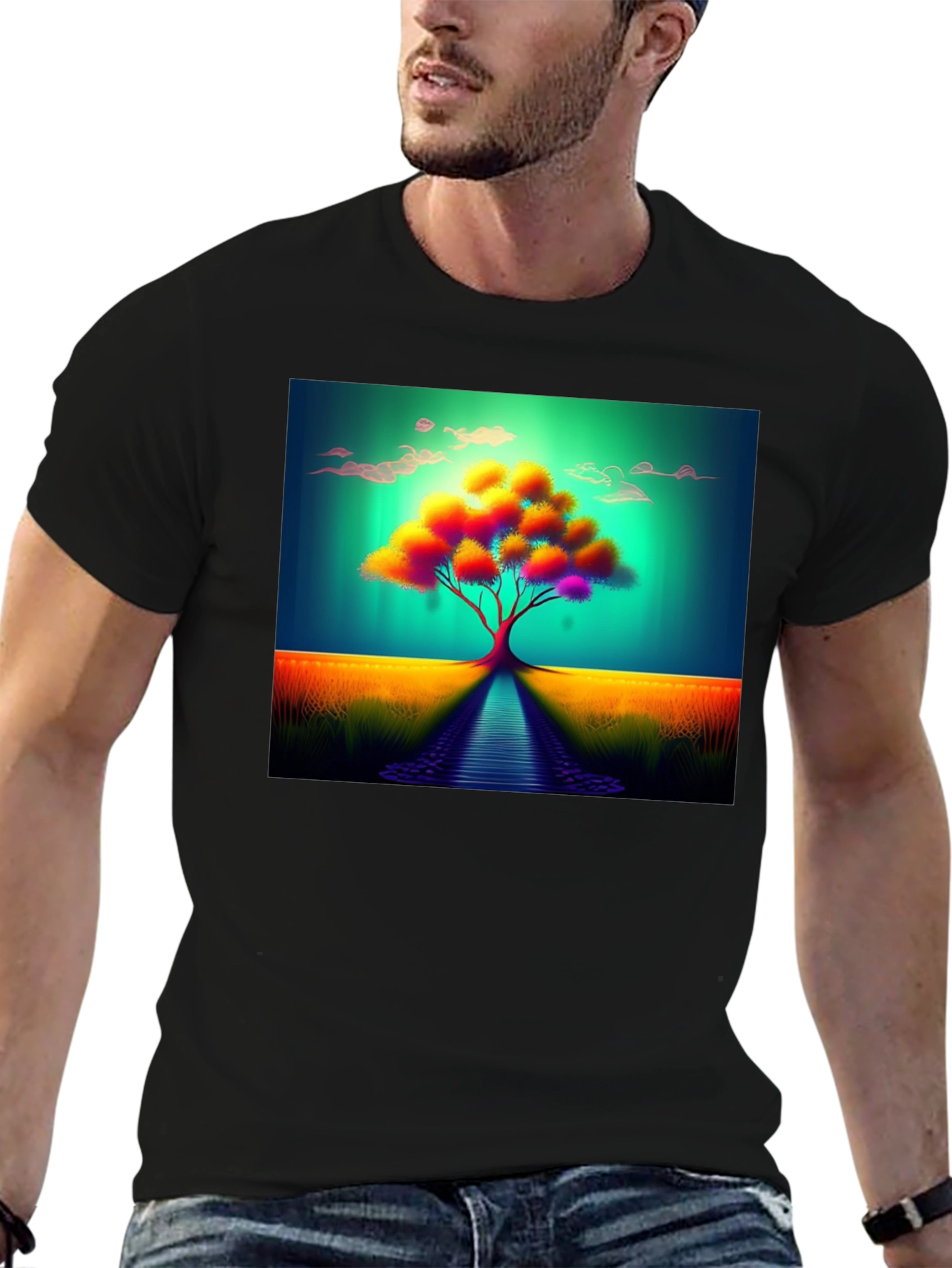 Vibrant Tree Graphic Tee - Artistic Mens Black T-Shirt