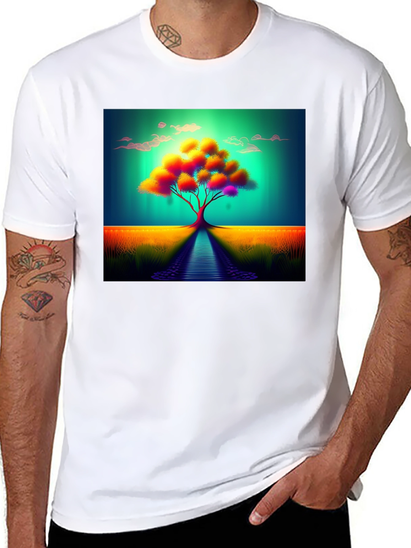 Vibrant Tree Graphic Tee - Artistic Mens Black T-Shirt