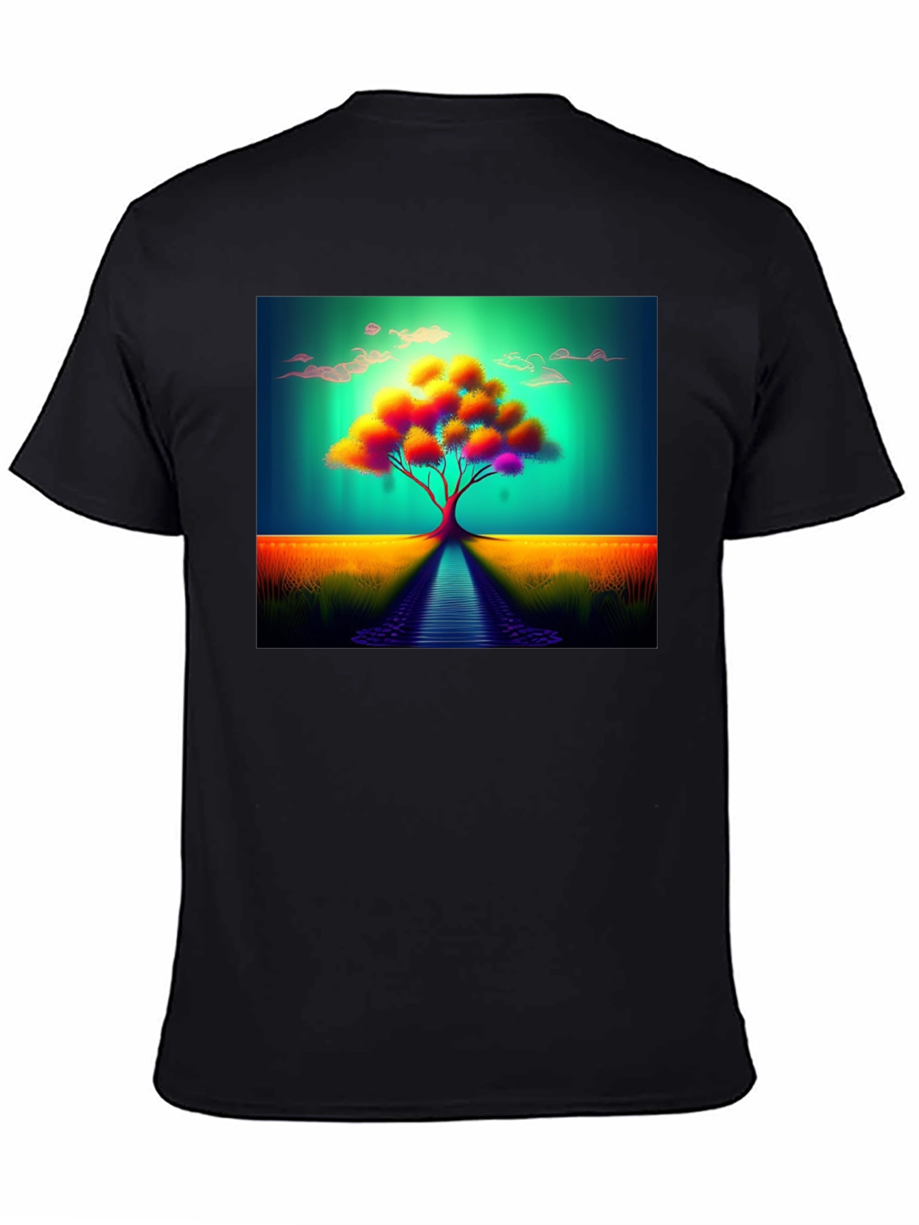 Vibrant Tree Graphic Tee - Artistic Mens Black T-Shirt