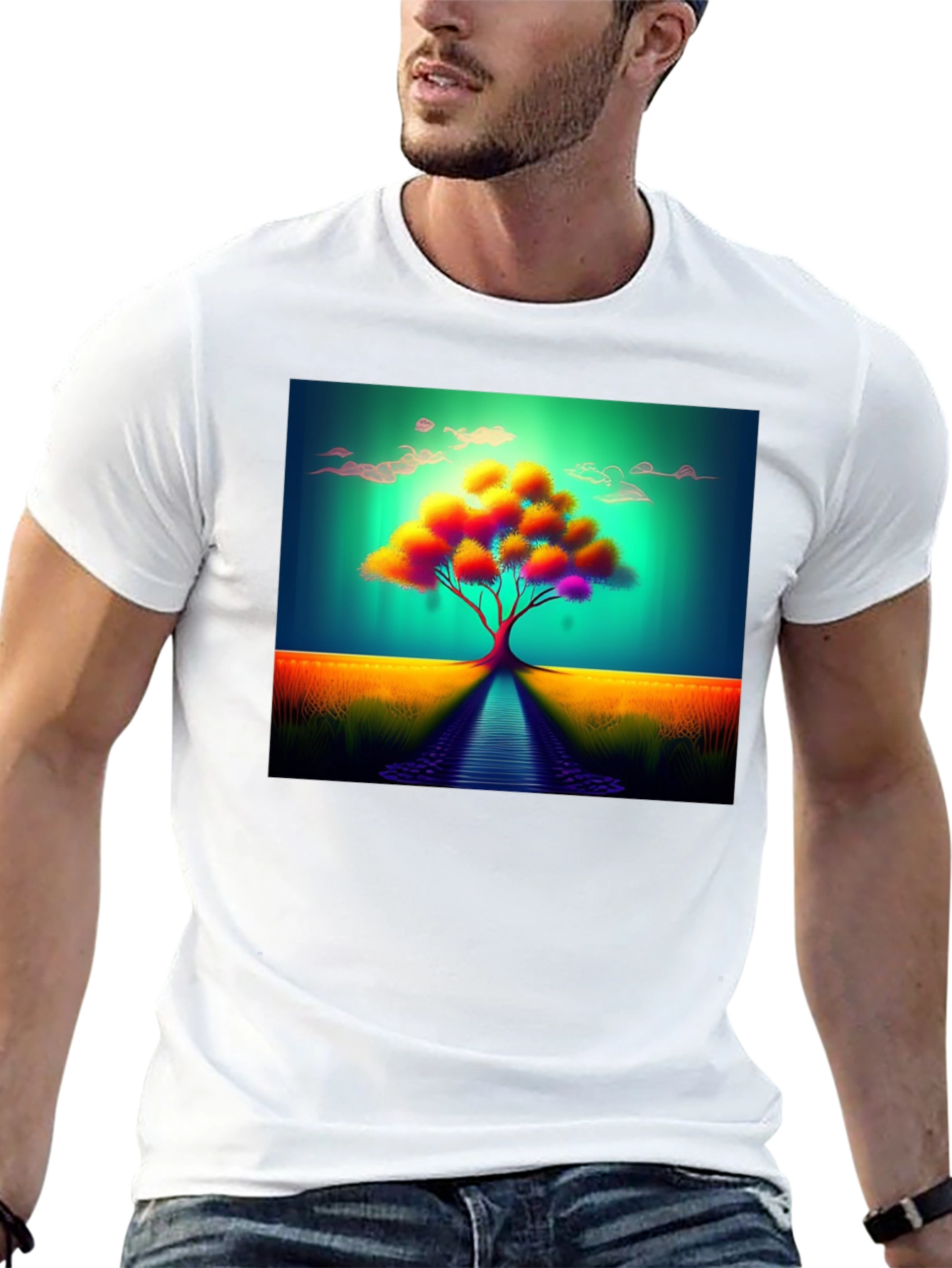 Vibrant Tree Graphic Tee - Artistic Mens Black T-Shirt