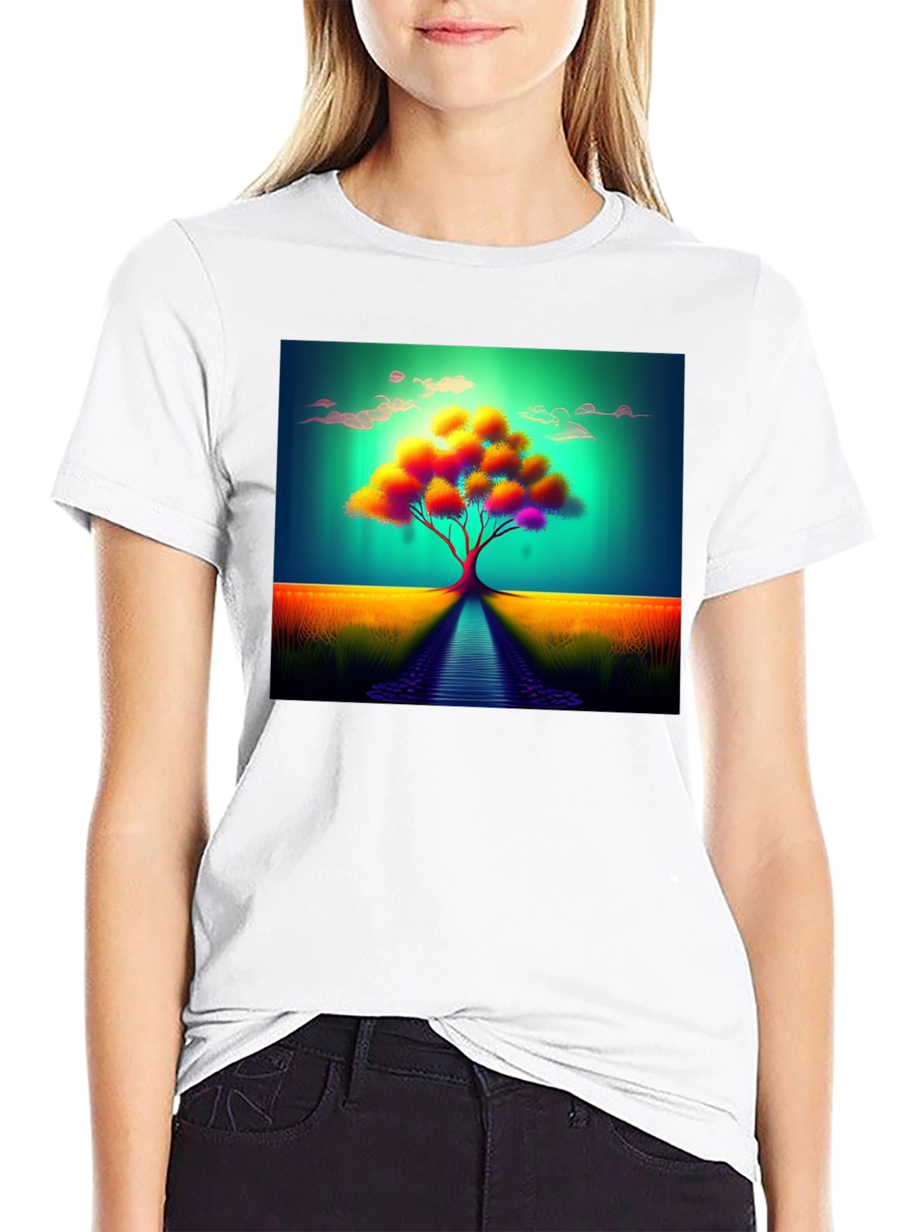 Vibrant Tree Graphic Tee - Artistic Mens Black T-Shirt