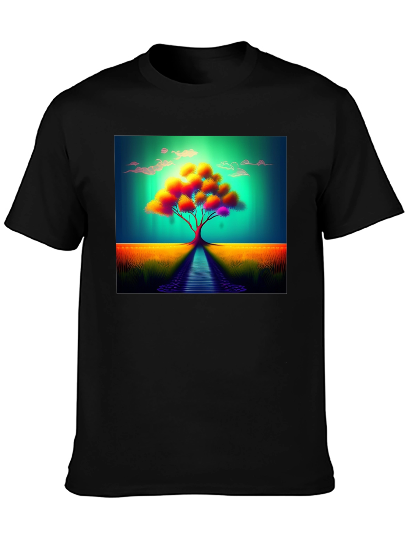 Vibrant Tree Graphic Tee - Artistic Mens Black T-Shirt