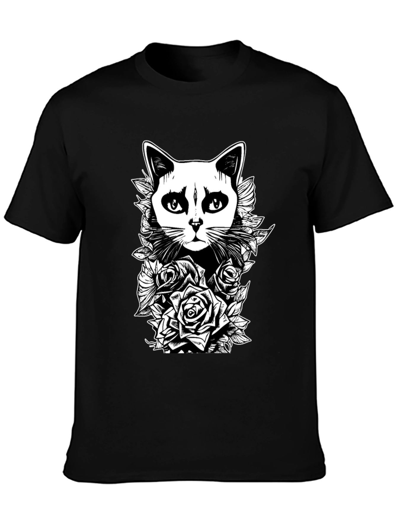 Cat & Roses Graphic Tee - Black T-Shirt