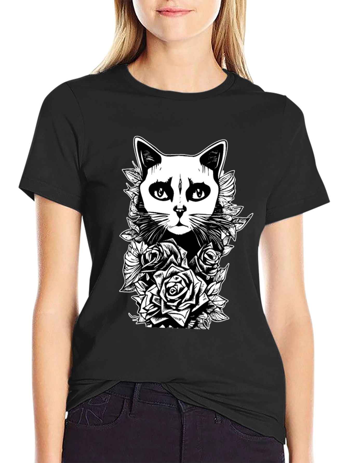 Cat & Roses Graphic Tee - Black T-Shirt