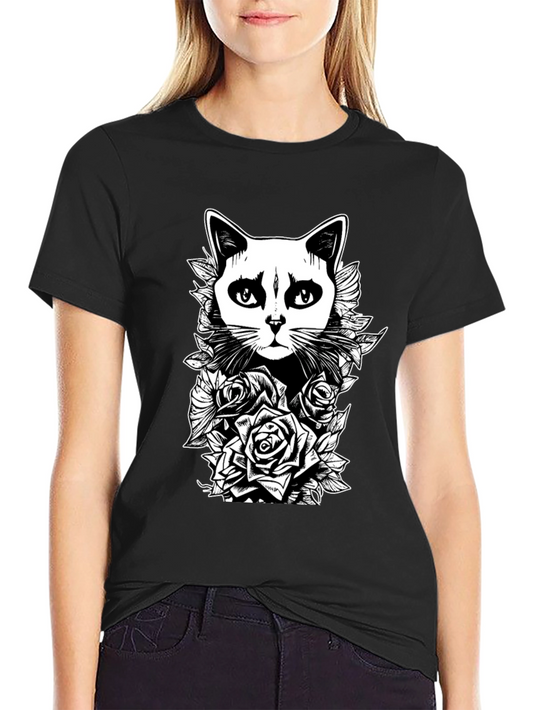 Cat & Roses Graphic Tee - Black T-Shirt