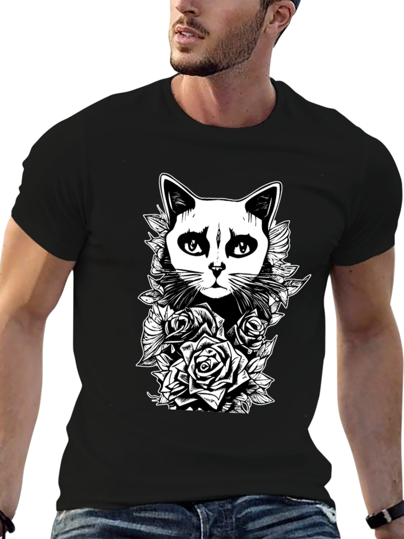 Cat & Roses Graphic Tee - Black T-Shirt