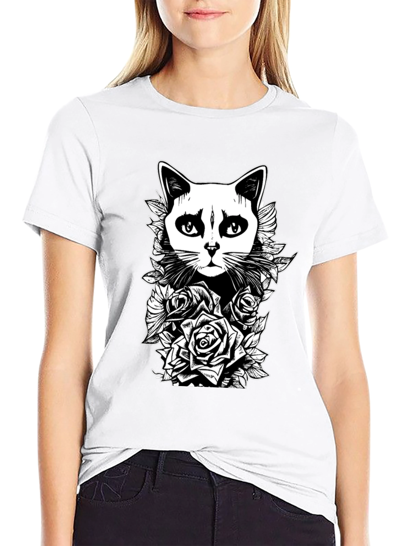 Cat & Roses Graphic Tee - Black T-Shirt