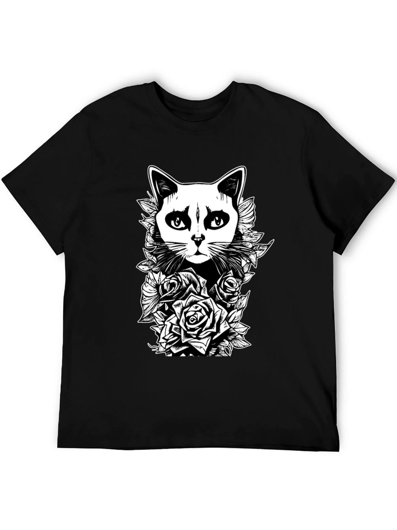 Cat & Roses Graphic Tee - Black T-Shirt