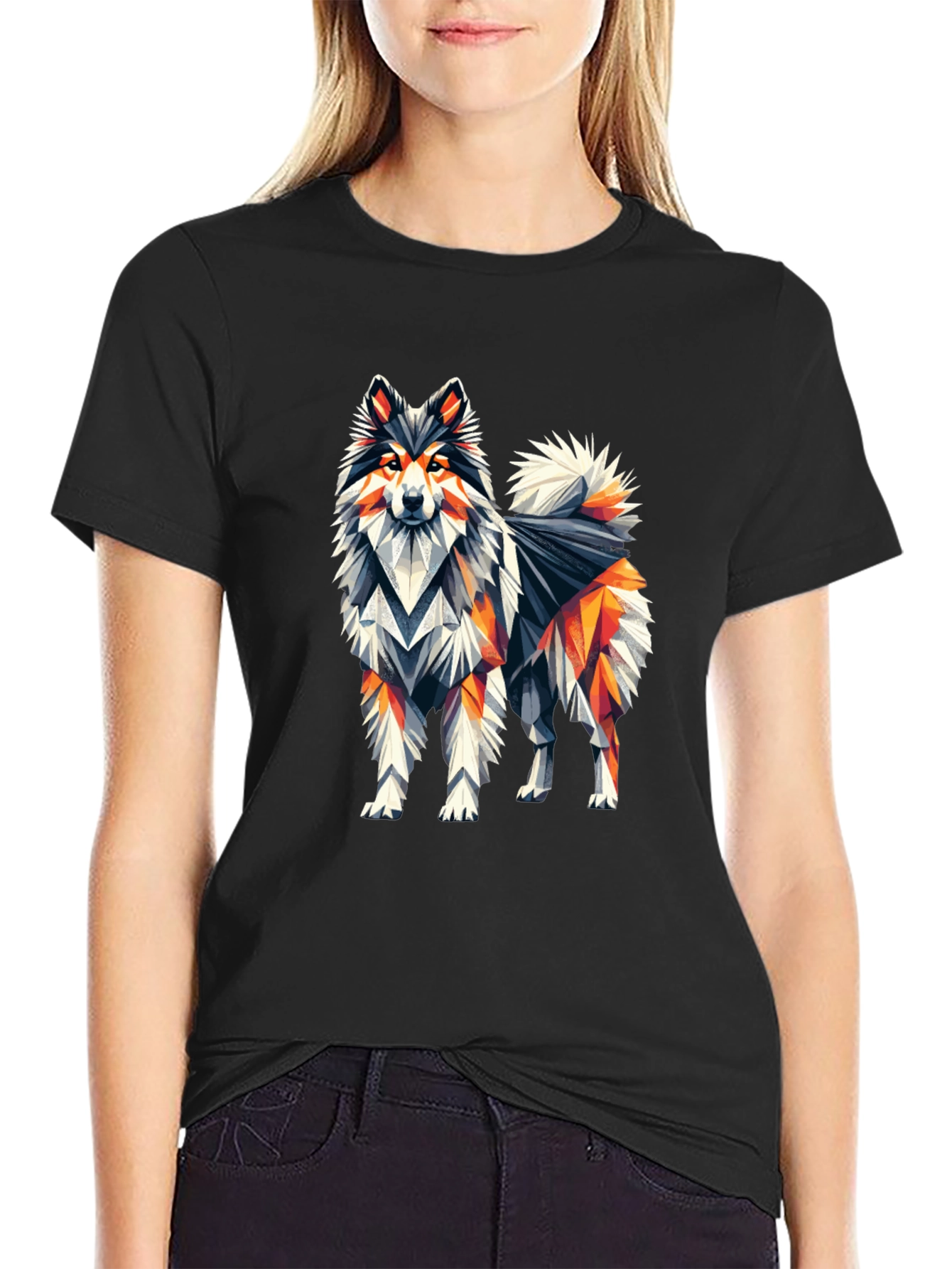 Geometric Dog Graphic Tee - Black Cotton T-Shirt