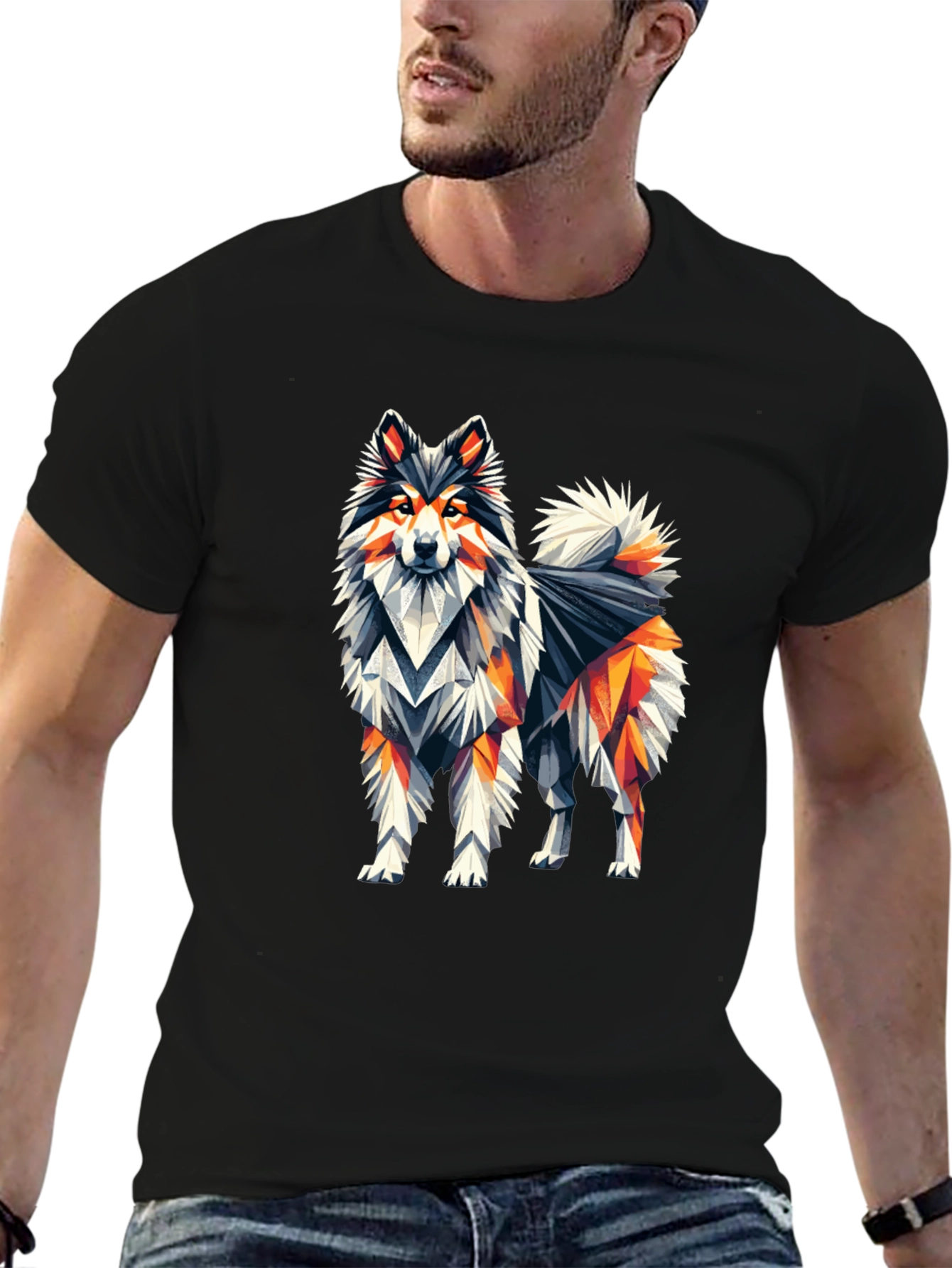 Geometric Dog Graphic Tee - Black Cotton T-Shirt