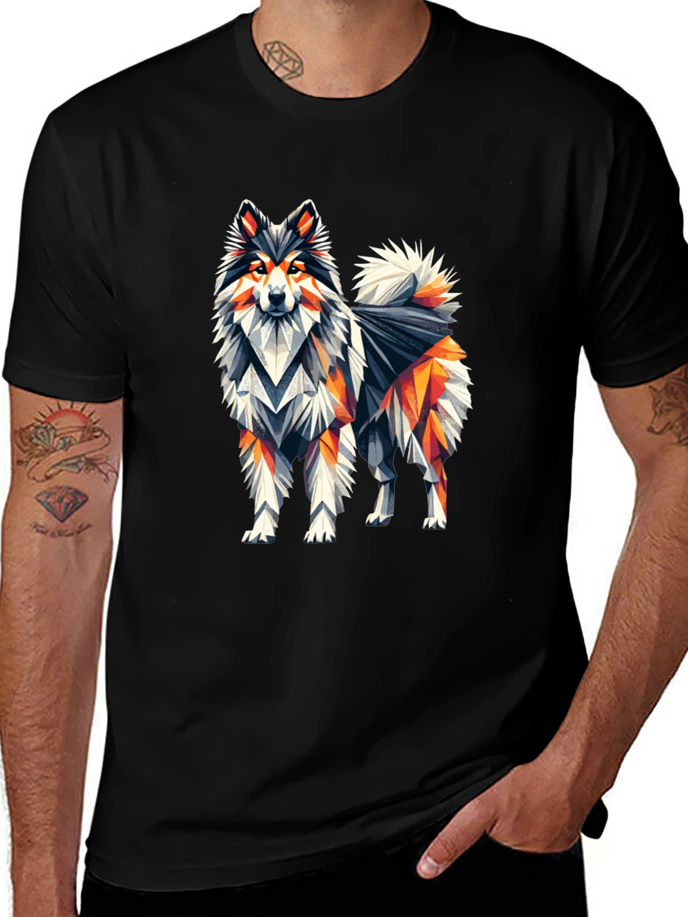 Geometric Dog Graphic Tee - Black Cotton T-Shirt