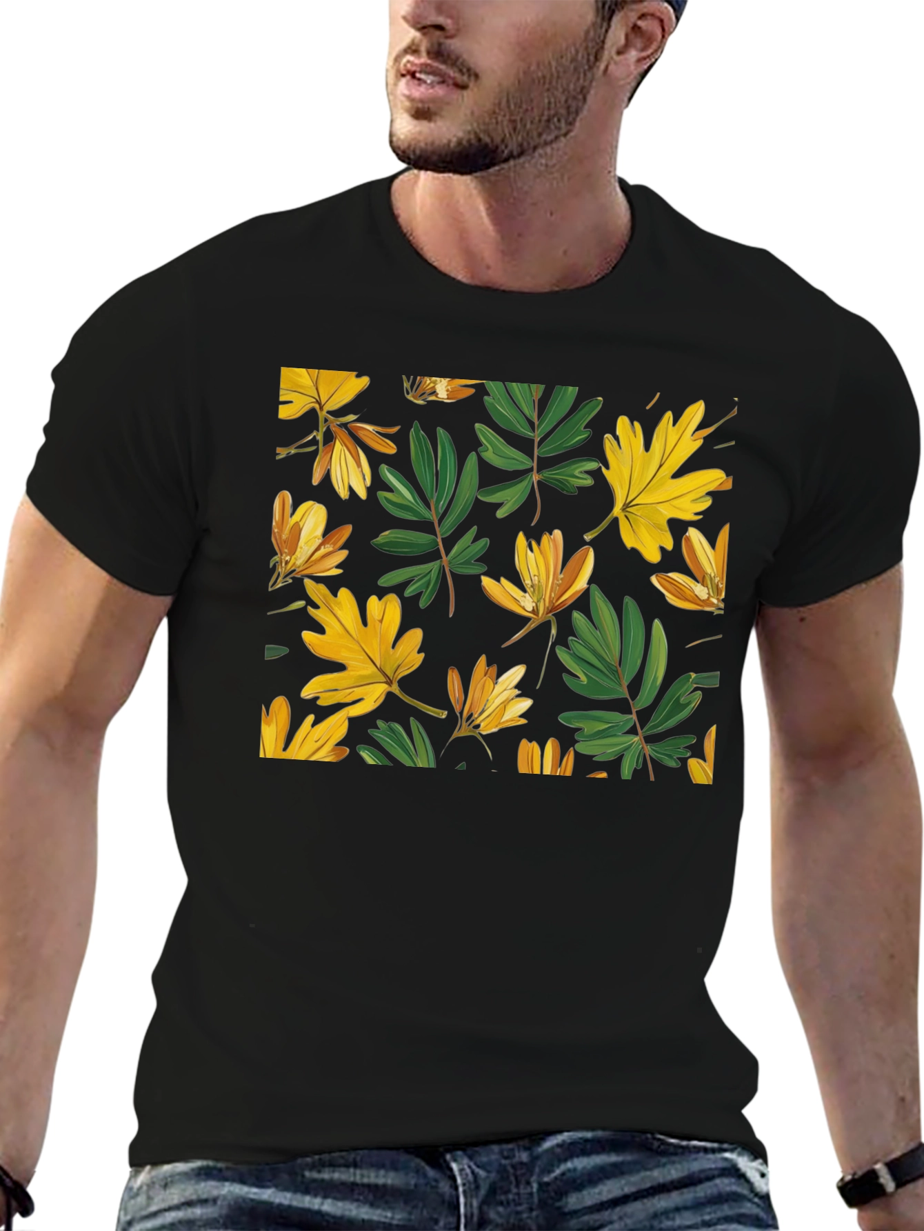 Leaf Pattern Black T-Shirt