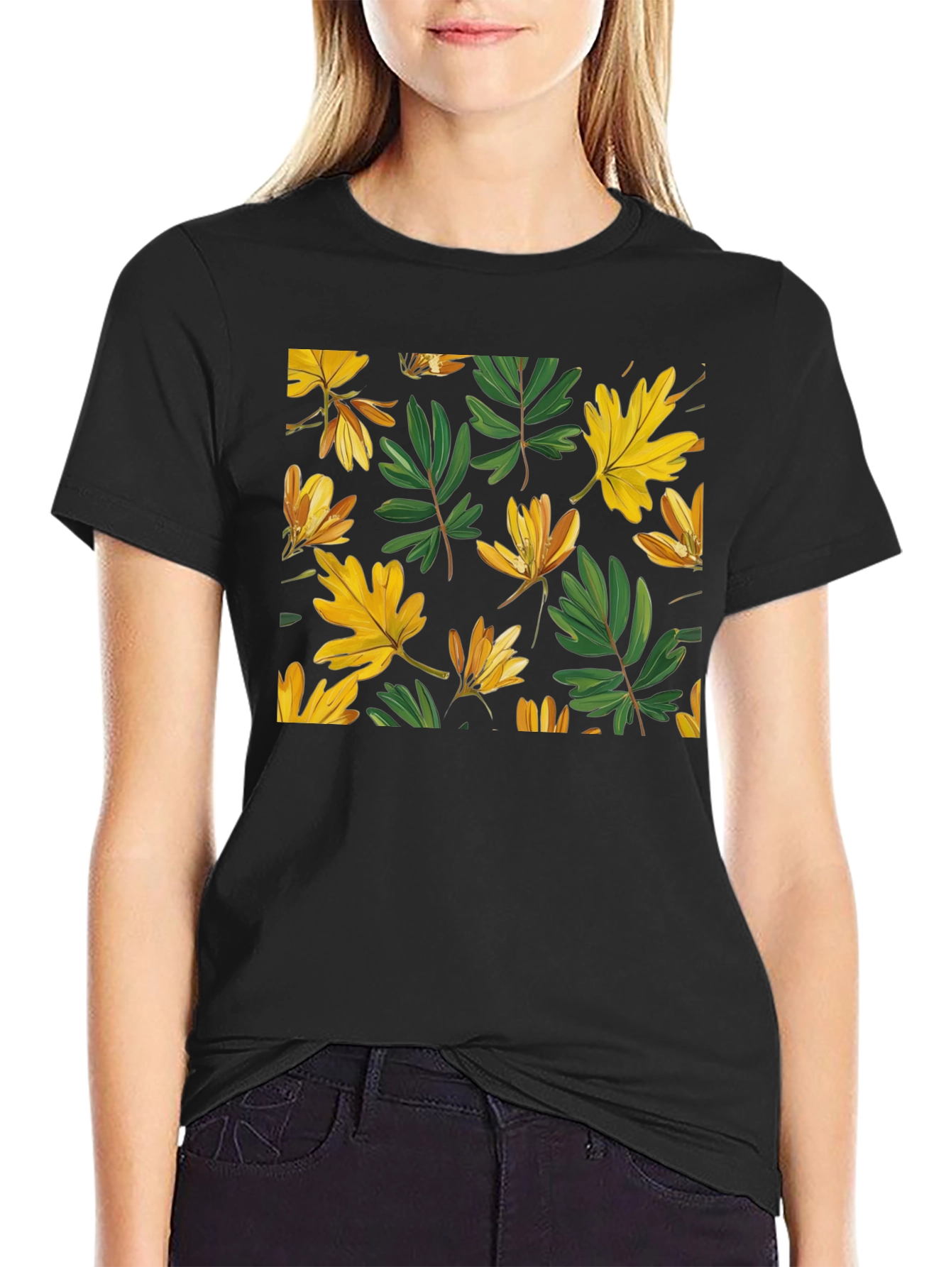 Leaf Pattern Black T-Shirt