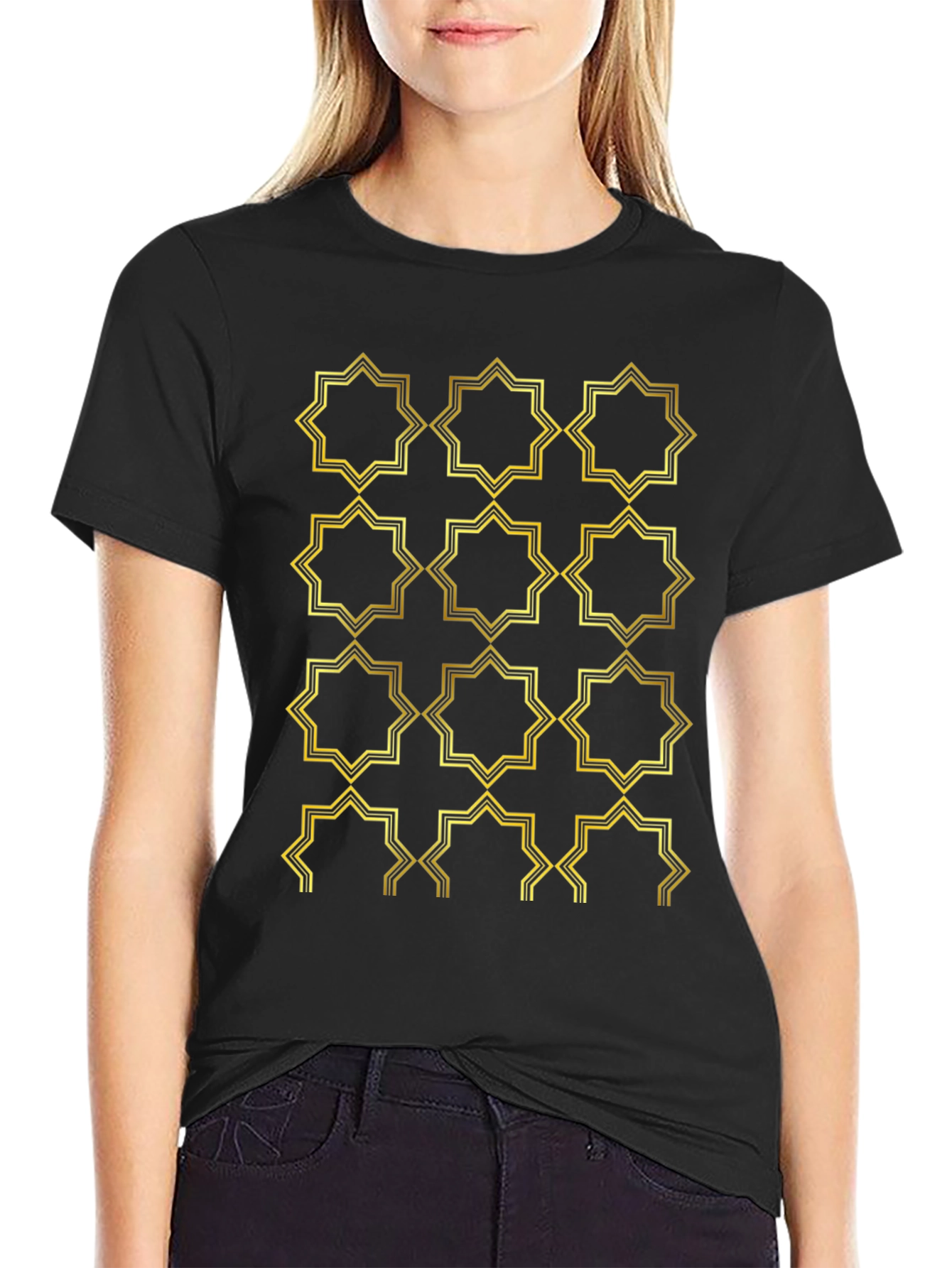 Geometric Gold Pattern Black T-Shirt