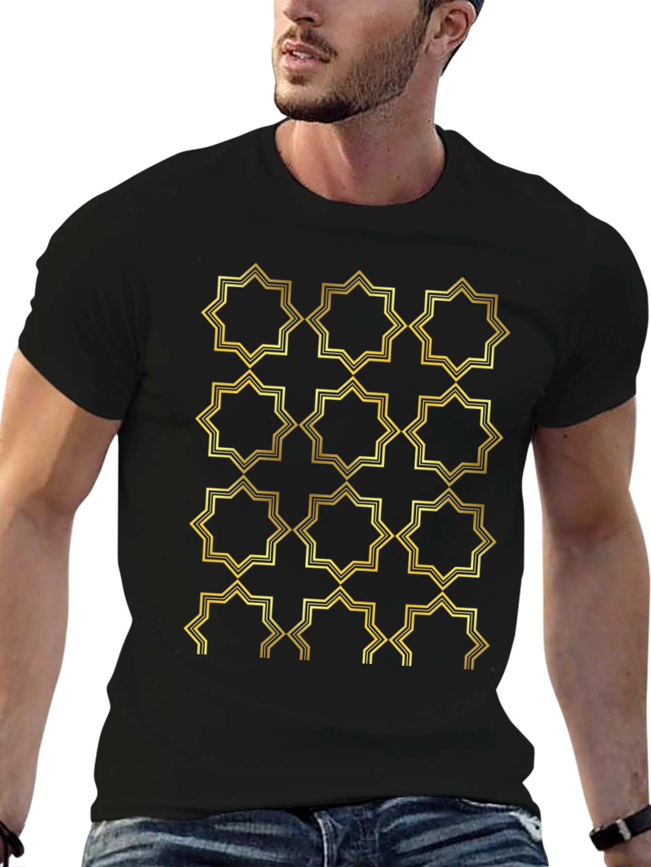 Geometric Gold Pattern Black T-Shirt
