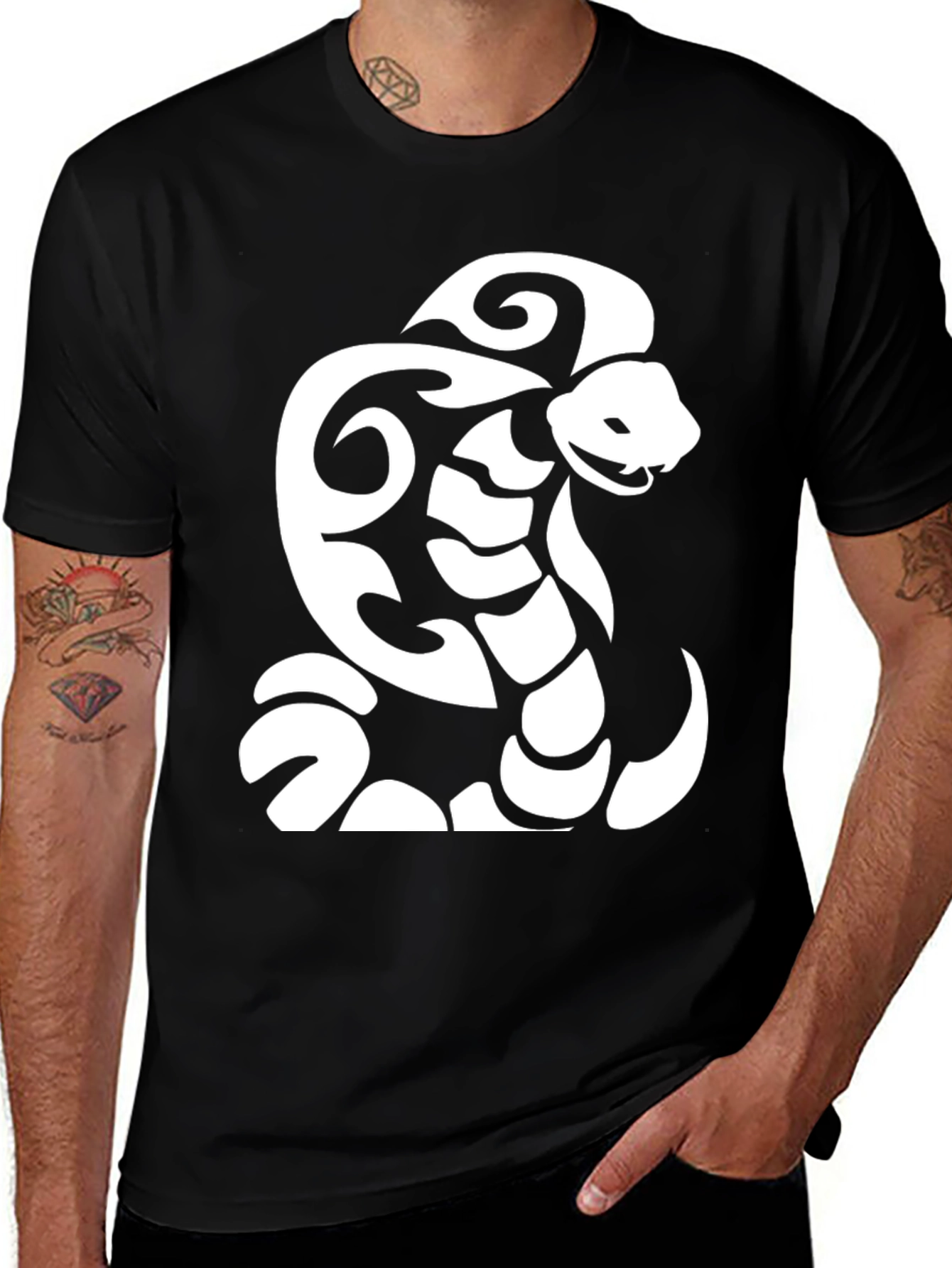 Black T-Shirt with Tribal Snake Design
