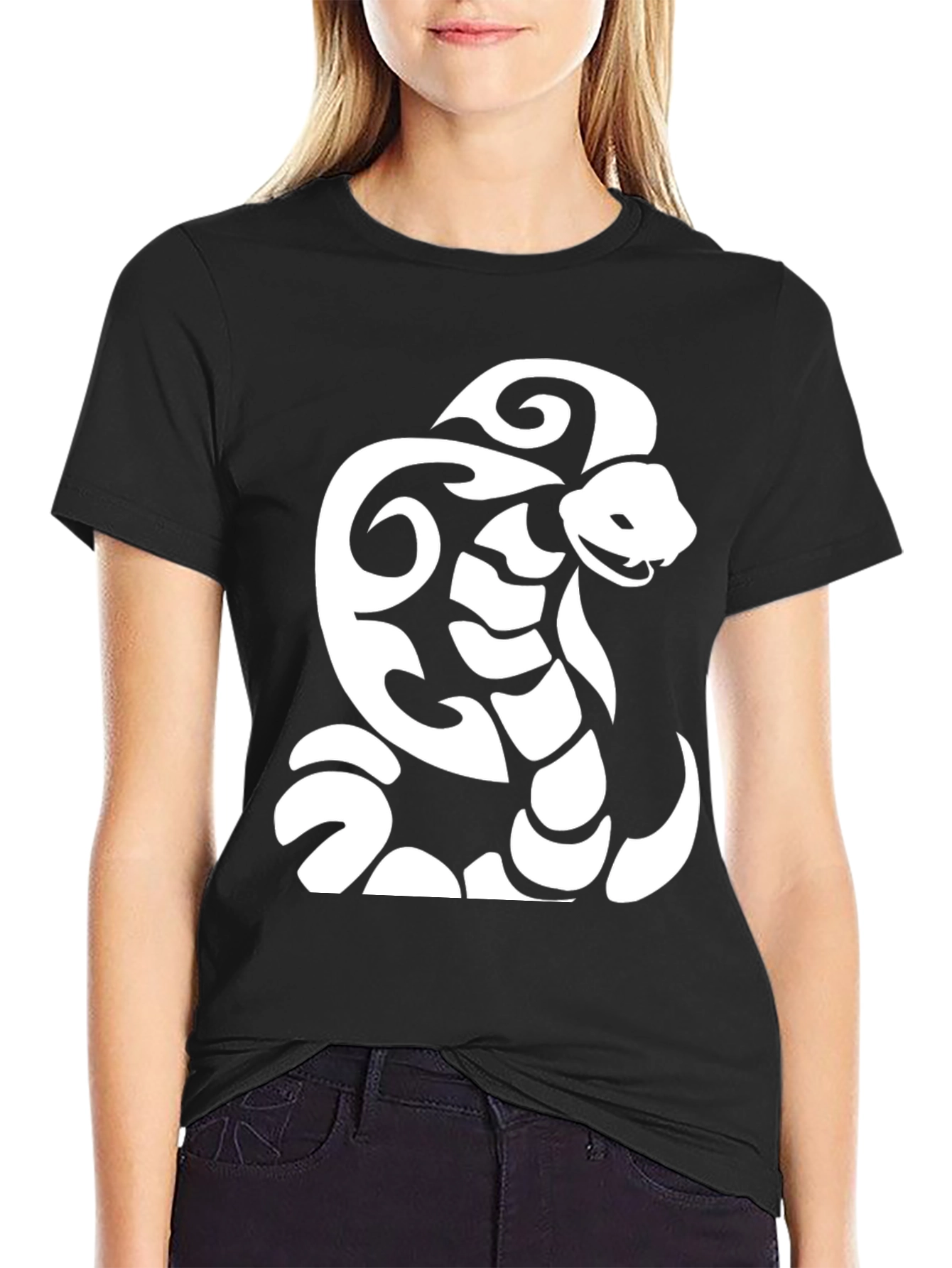 Black T-Shirt with Tribal Snake Design