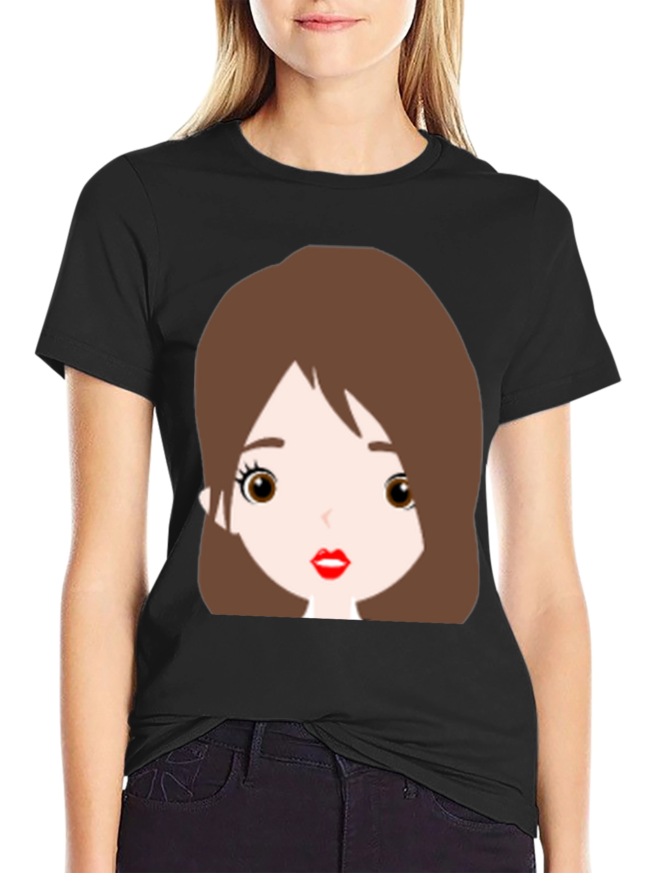 Cute Cartoon Girl Graphic Black T-Shirt