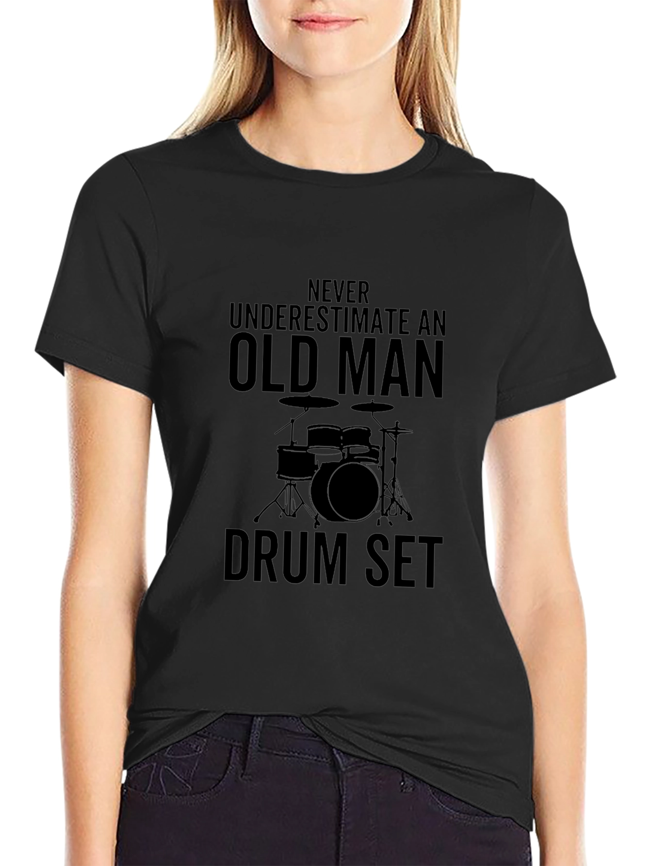 Old Man Drum Set Black T-Shirt