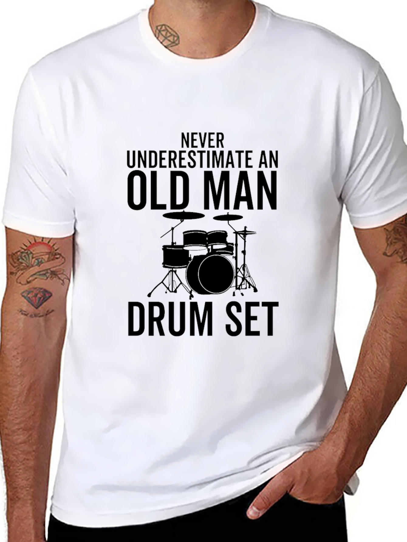 Old Man Drum Set Black T-Shirt