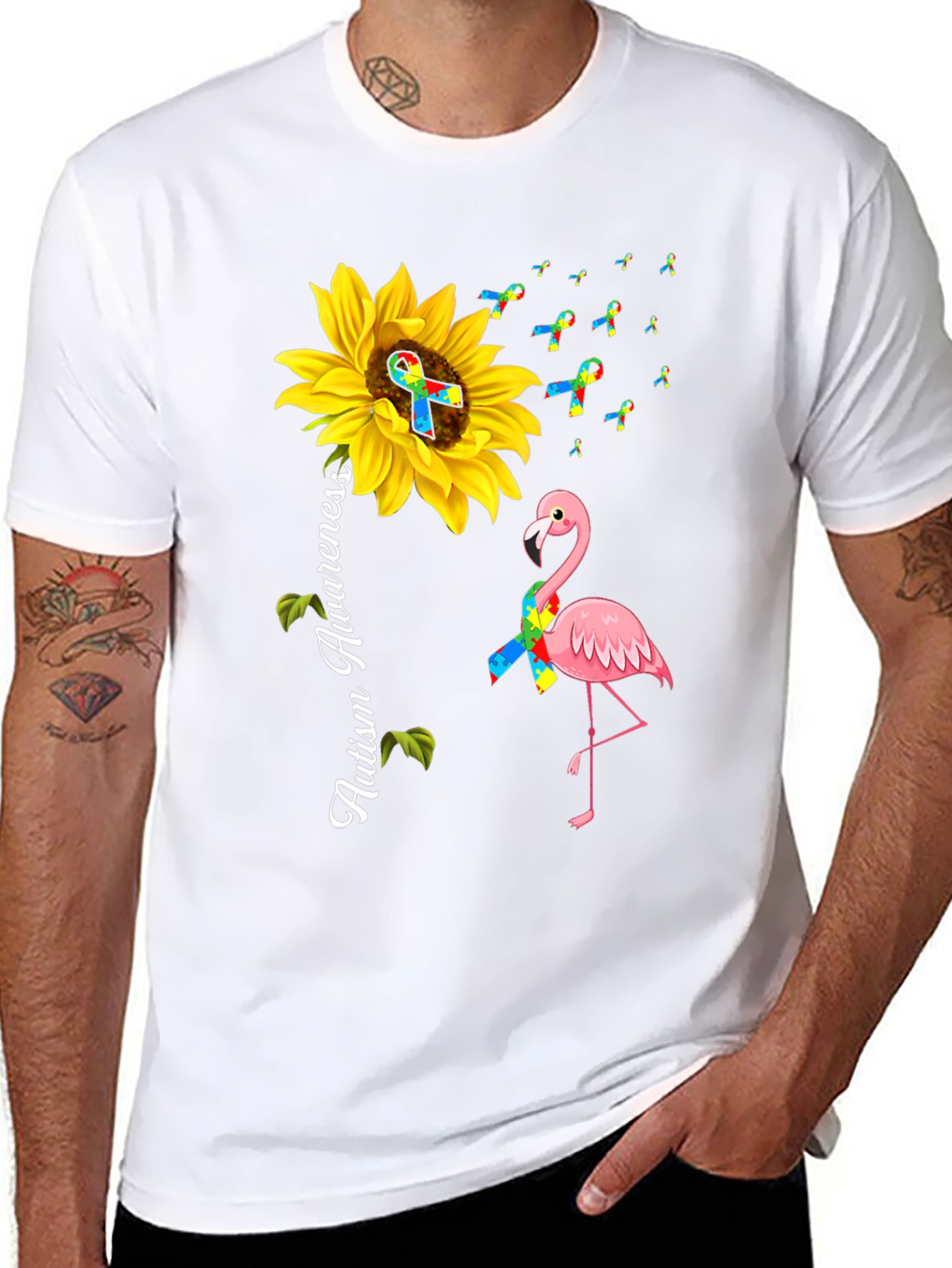 Autism Awareness Sunflower Flamingo T-Shirt