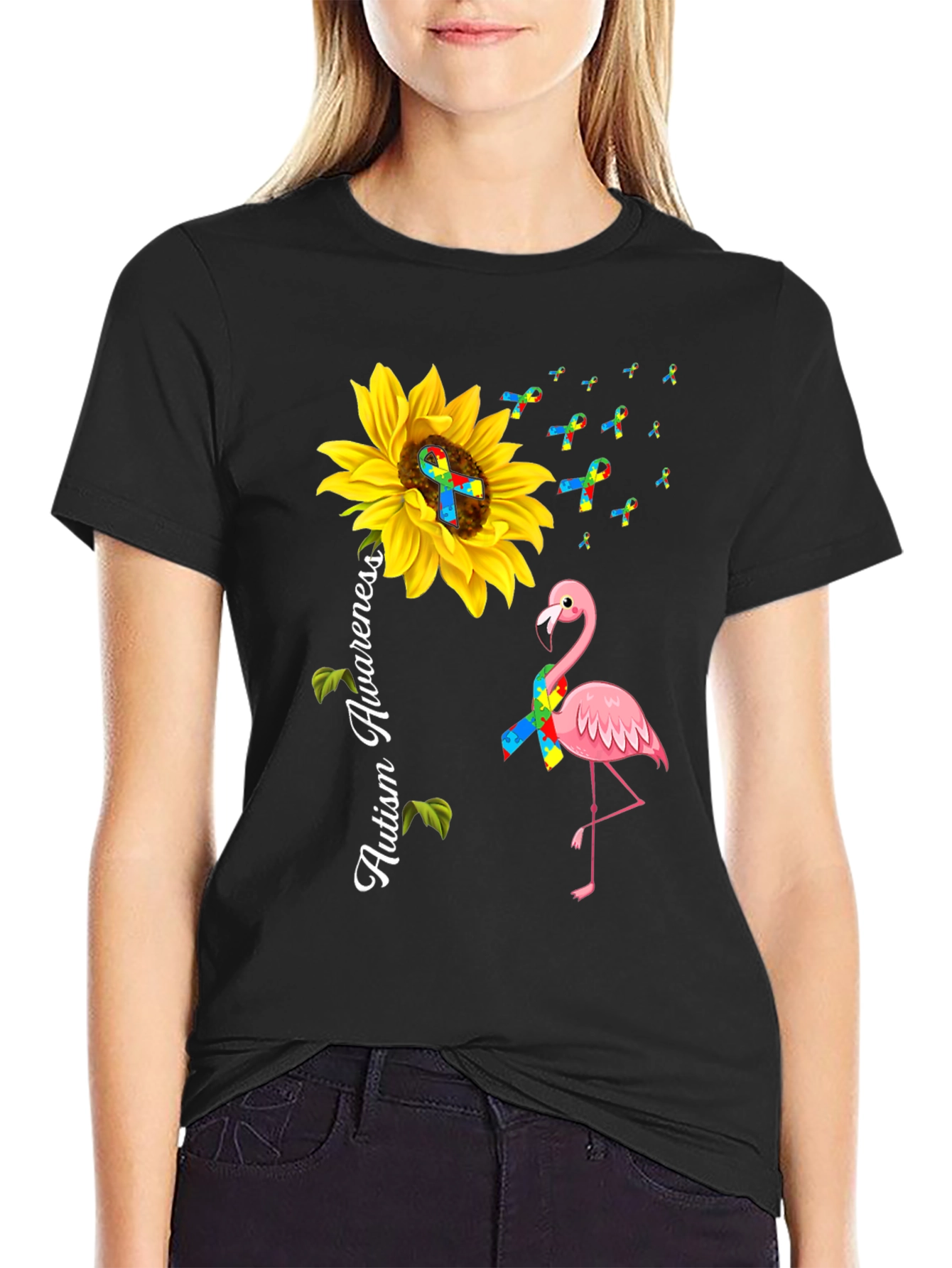 Autism Awareness Sunflower Flamingo T-Shirt
