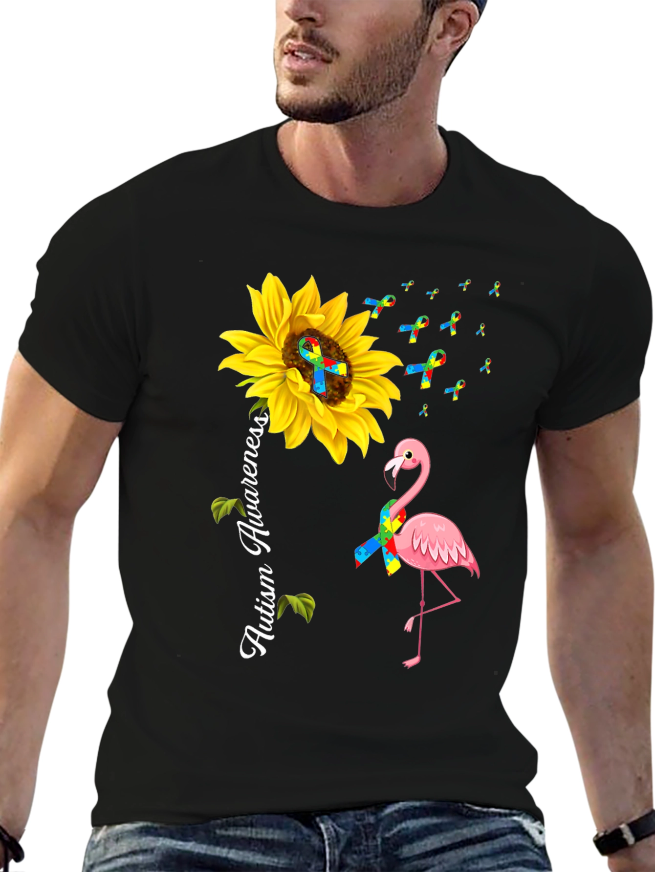 Autism Awareness Sunflower Flamingo T-Shirt