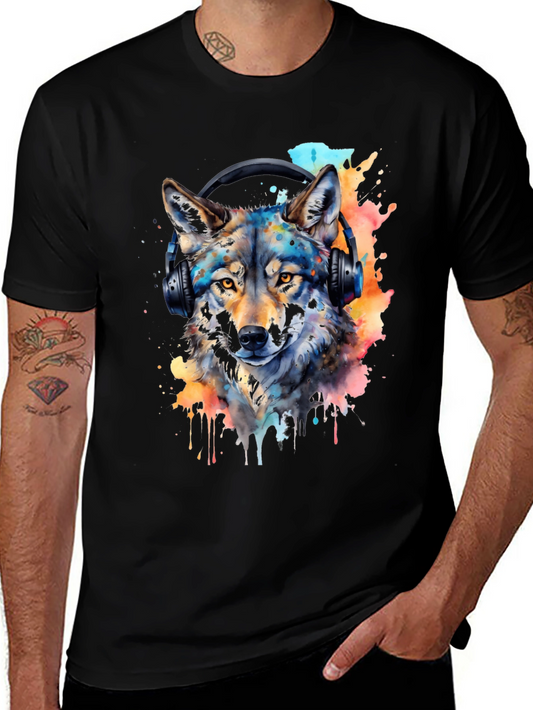 Wolf Headphone Watercolor T-Shirt - Unique Artistic Design