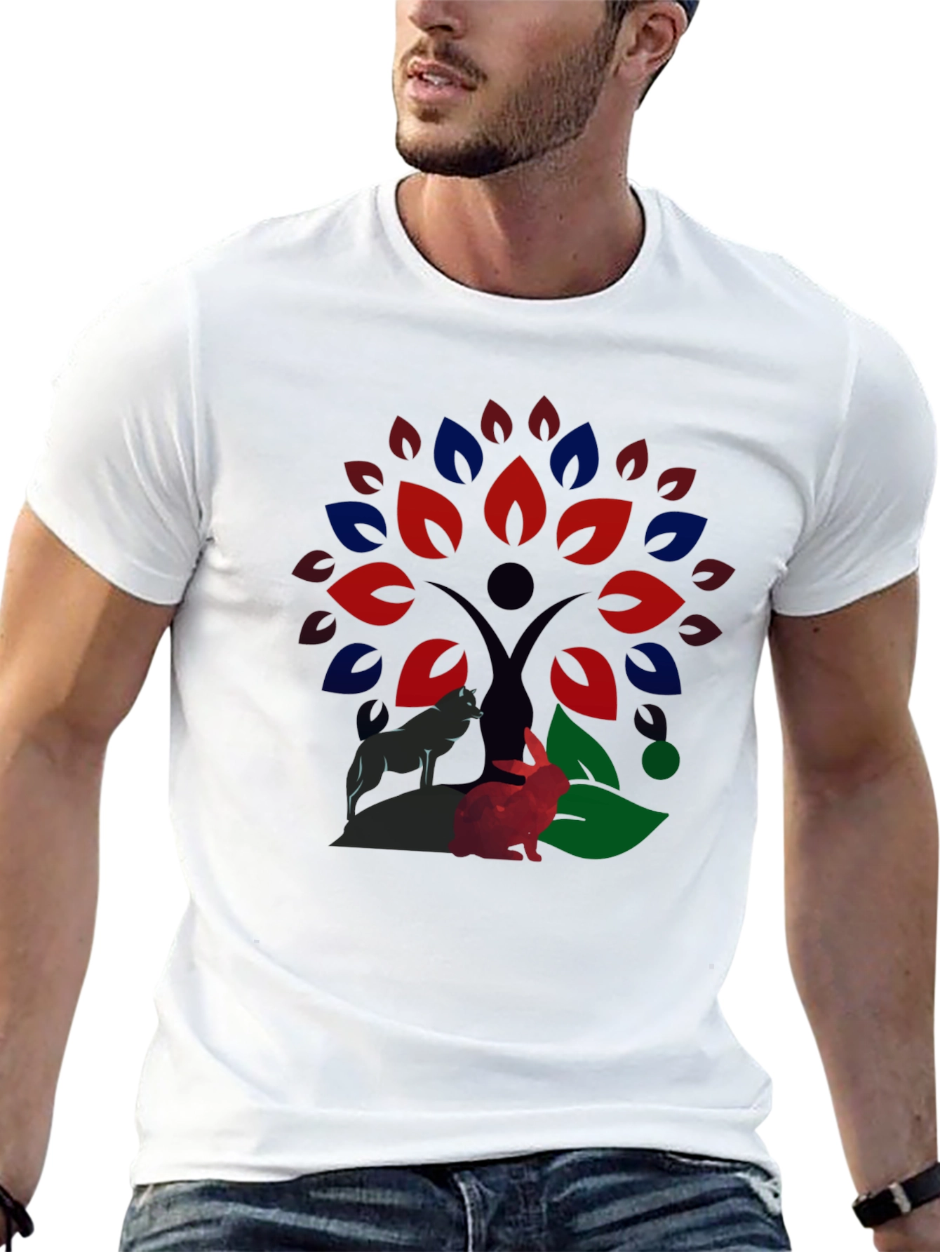 Nature Wolf & Rabbit Tree Print T-Shirt