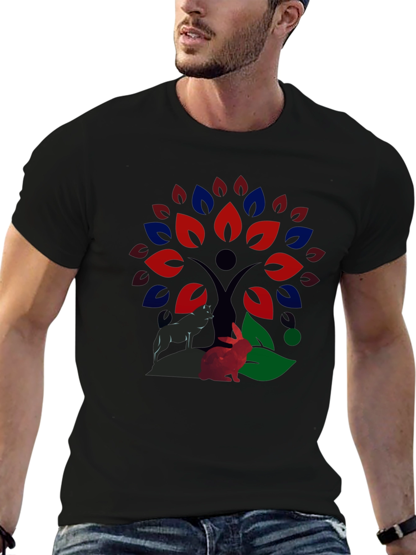 Nature Wolf & Rabbit Tree Print T-Shirt