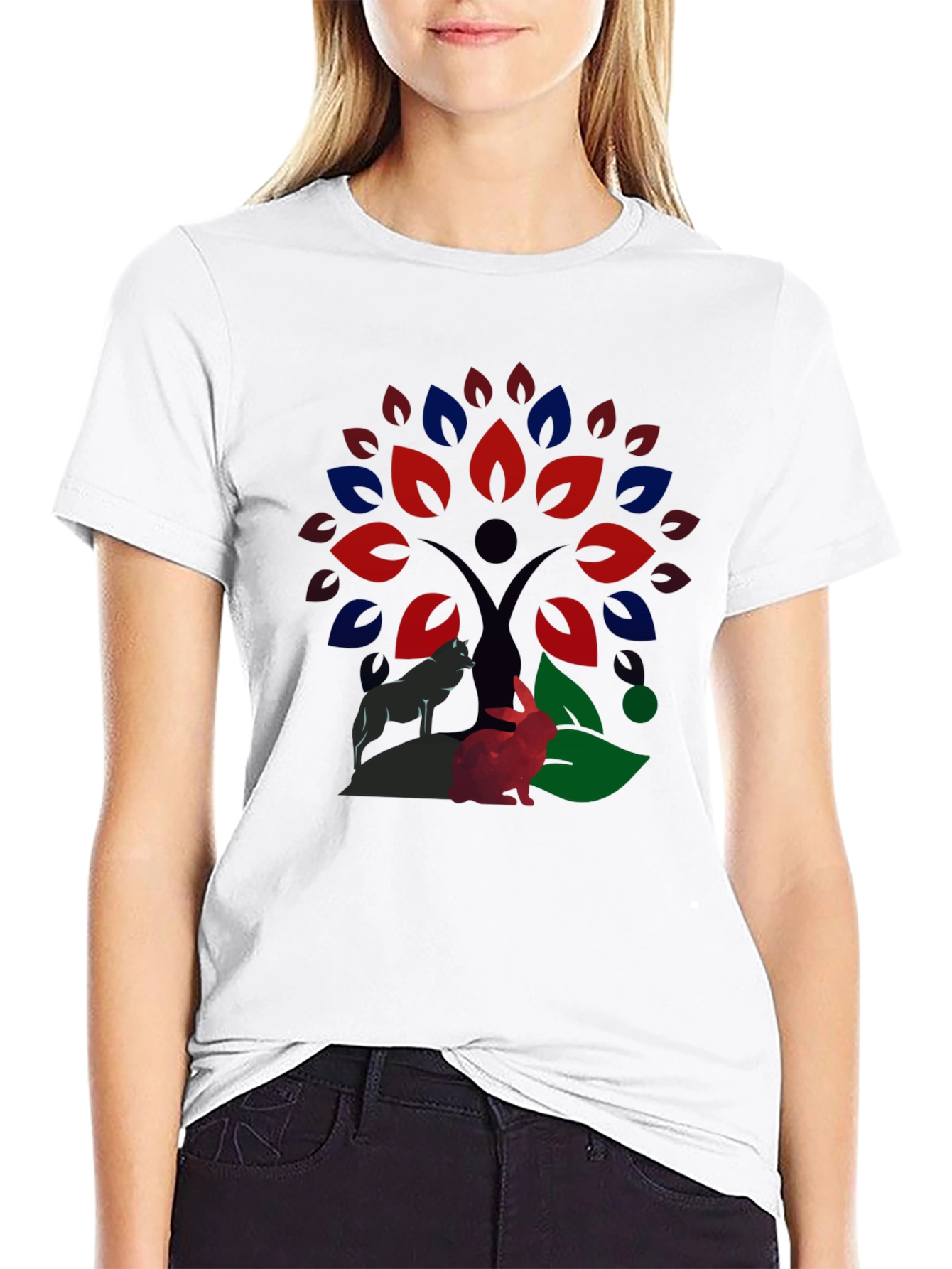 Nature Wolf & Rabbit Tree Print T-Shirt