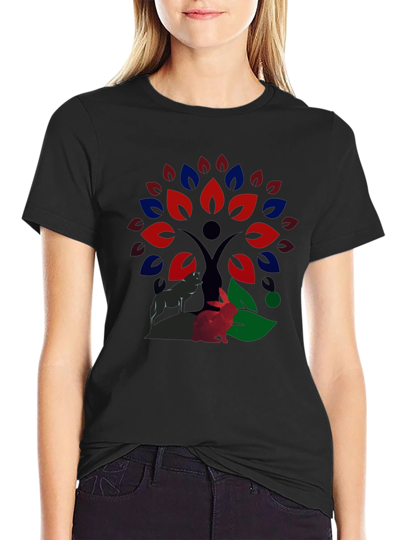 Nature Wolf & Rabbit Tree Print T-Shirt