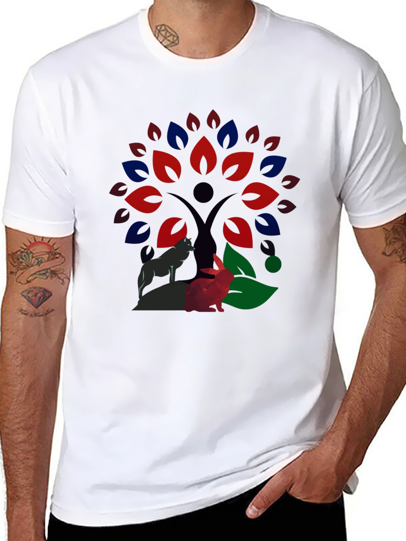 Nature Wolf & Rabbit Tree Print T-Shirt