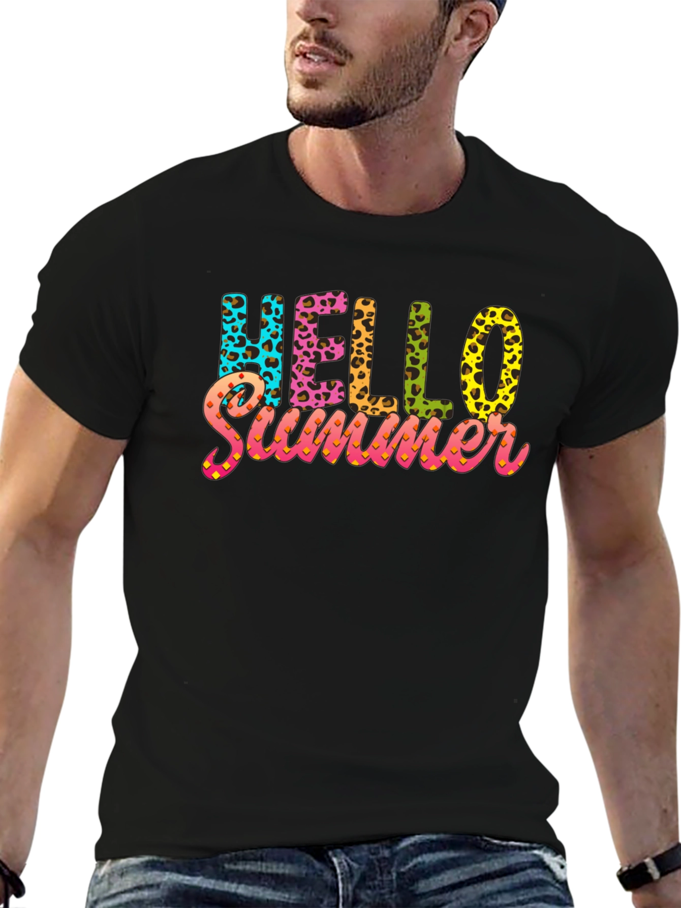 Hello Summer Leopard Print Black T-Shirt