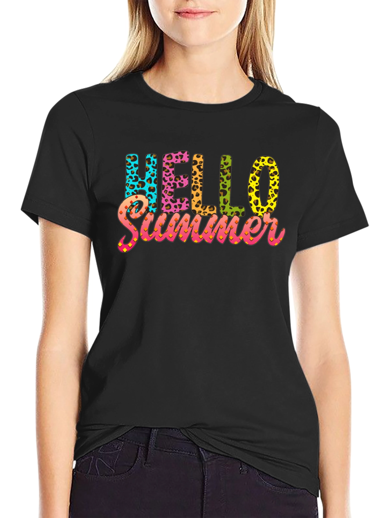 Hello Summer Leopard Print Black T-Shirt