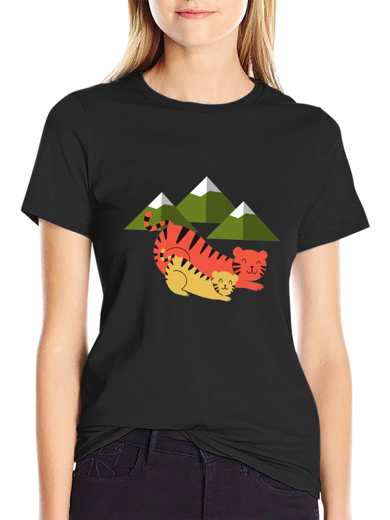Cute Tiger Family Graphic Tee - Unisex Black T-Shirt