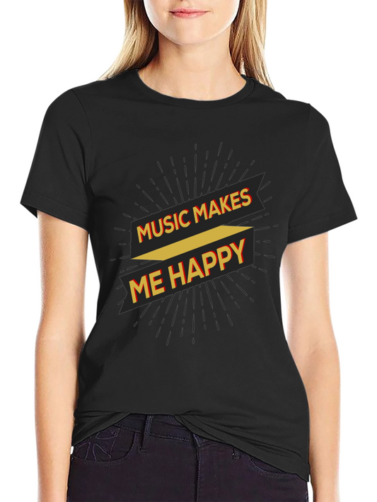 Music Makes Me Happy Graphic Tee - Black Cotton T-Shirt