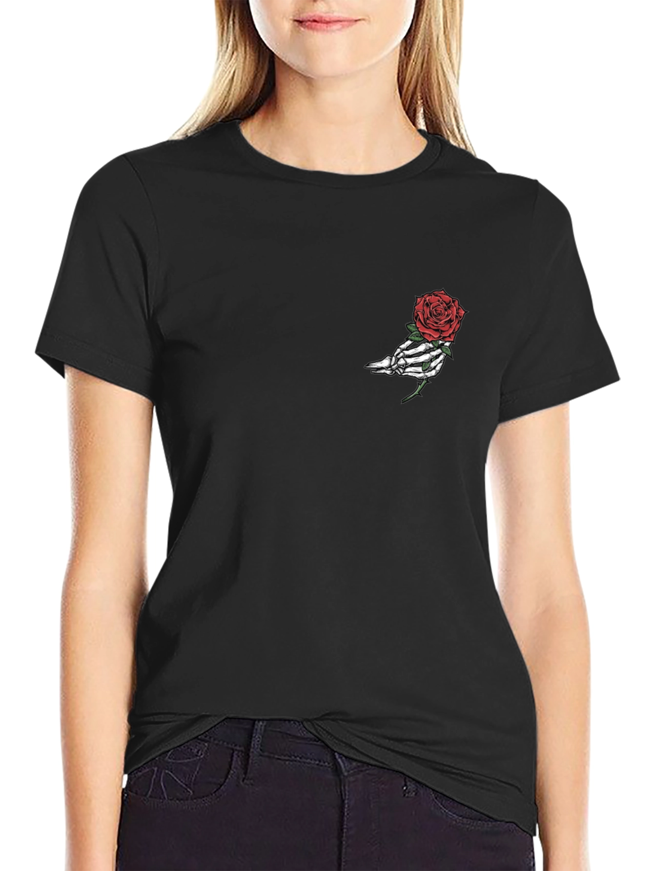 Skeleton Hand Rose Graphic Tee - Black