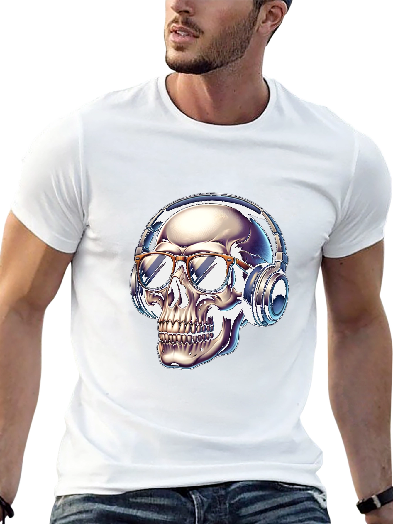 Skull with Headphones Graphic Tee - Modern Streetwear Style