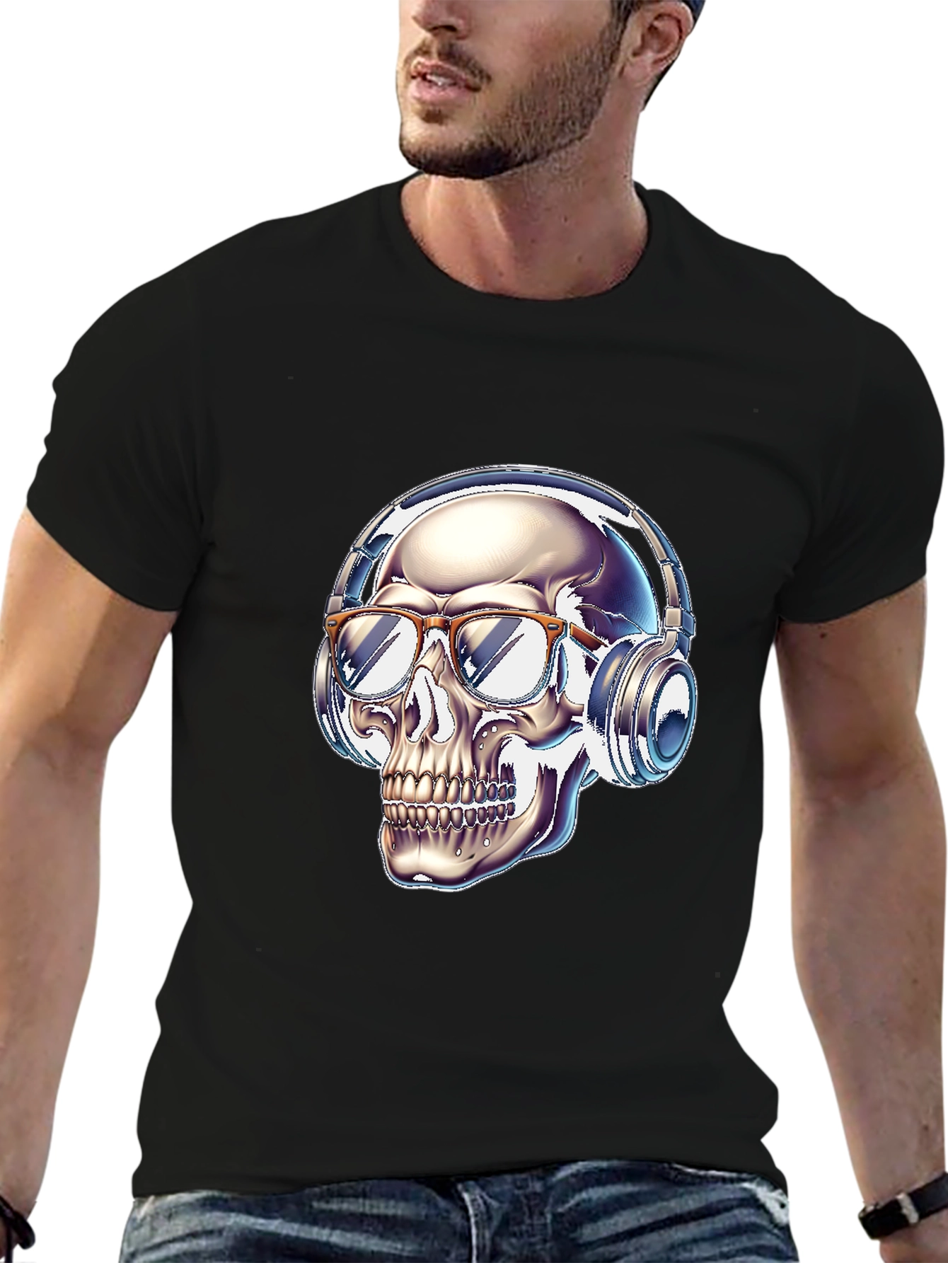 Skull with Headphones Graphic Tee - Modern Streetwear Style
