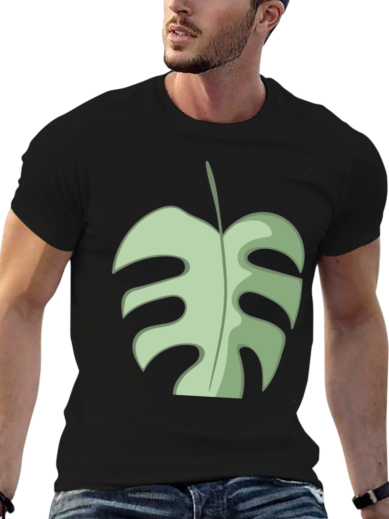 Tropical Monstera Leaf Graphic Tee - Black Cotton