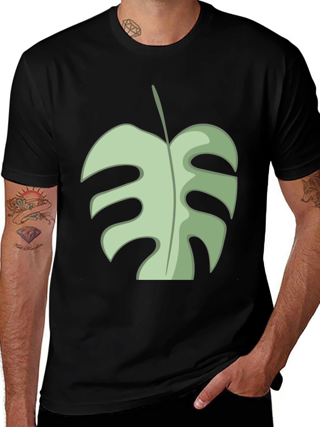 Tropical Monstera Leaf Graphic Tee - Black Cotton