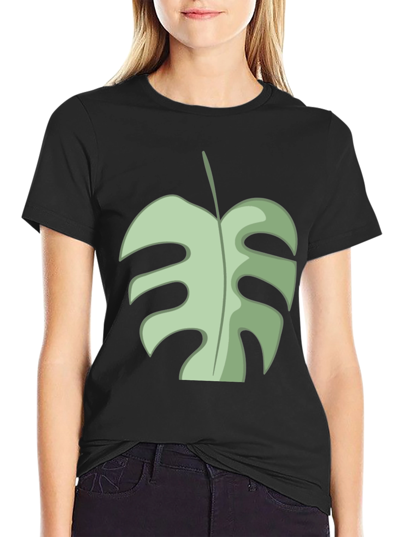Tropical Monstera Leaf Graphic Tee - Black Cotton