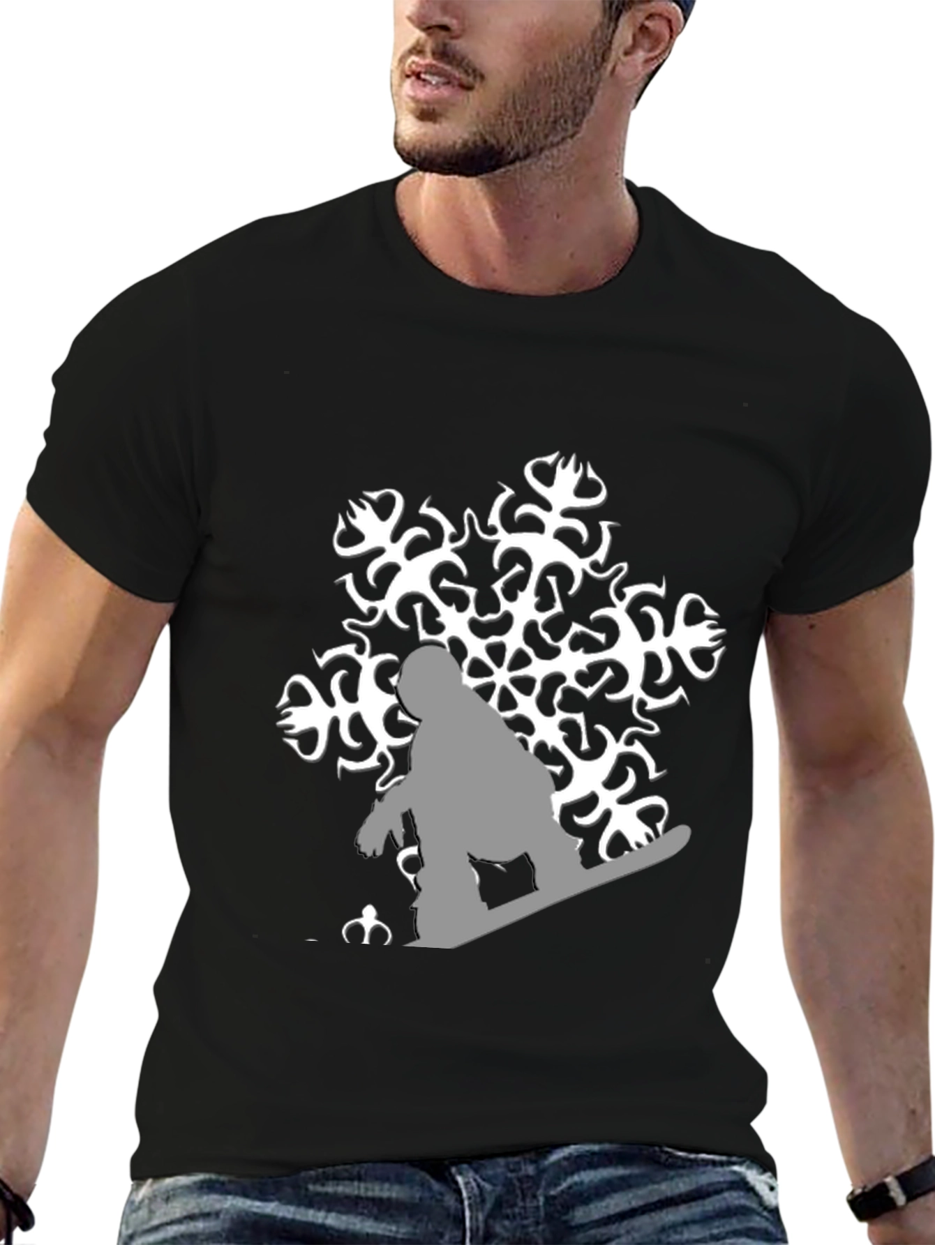 Snowflake Snowboarder Graphic Tee - Black Cotton Shirt